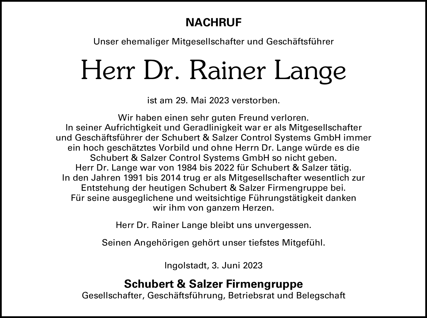Dr. Rai­ner Lan­ge
